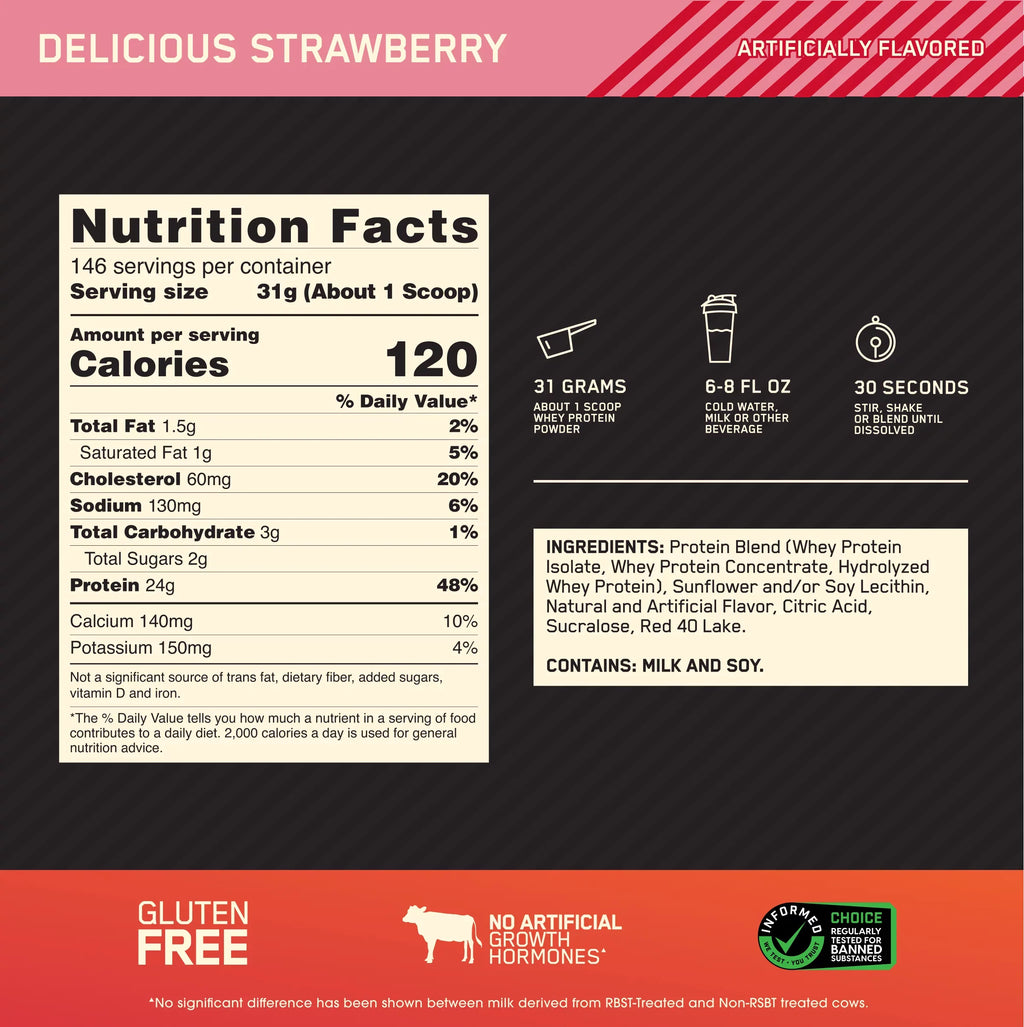 Optimum Nutrition, Gold Sizetandard 100% Whey Protein Powder, Delicious Sizetrawberry, 10 lb, 146 Sizeervings