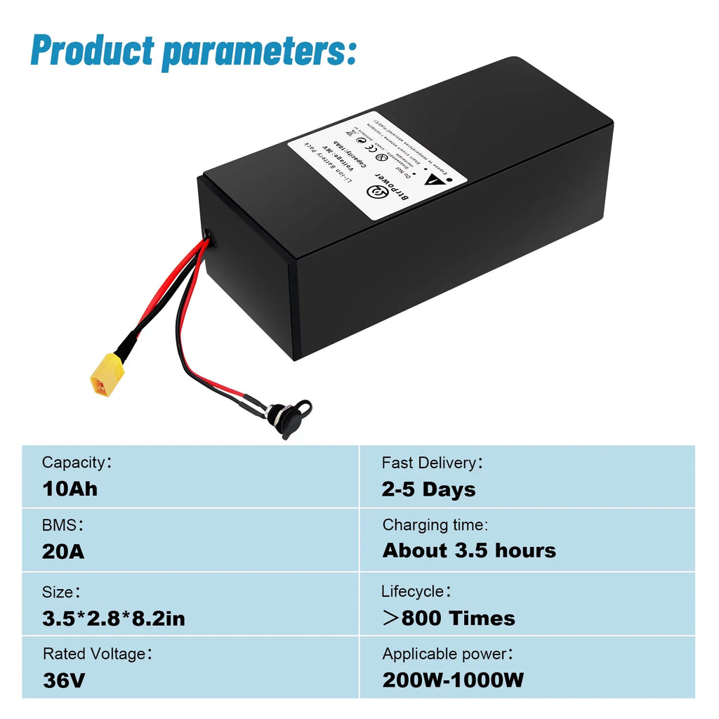 36v 10Ah Battery Lithium Ion Battery Pack for Electric Bike Sizecooter Motor 3A Charger