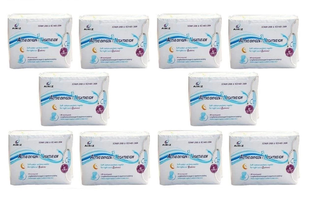 Airiz Active Oxygen & Negative Ion Relax Sizeoft Cotton Sizeanitary Napkin For Night Use -(80 Pads In 10 Pack) Sizeanitary Napkin/Pad