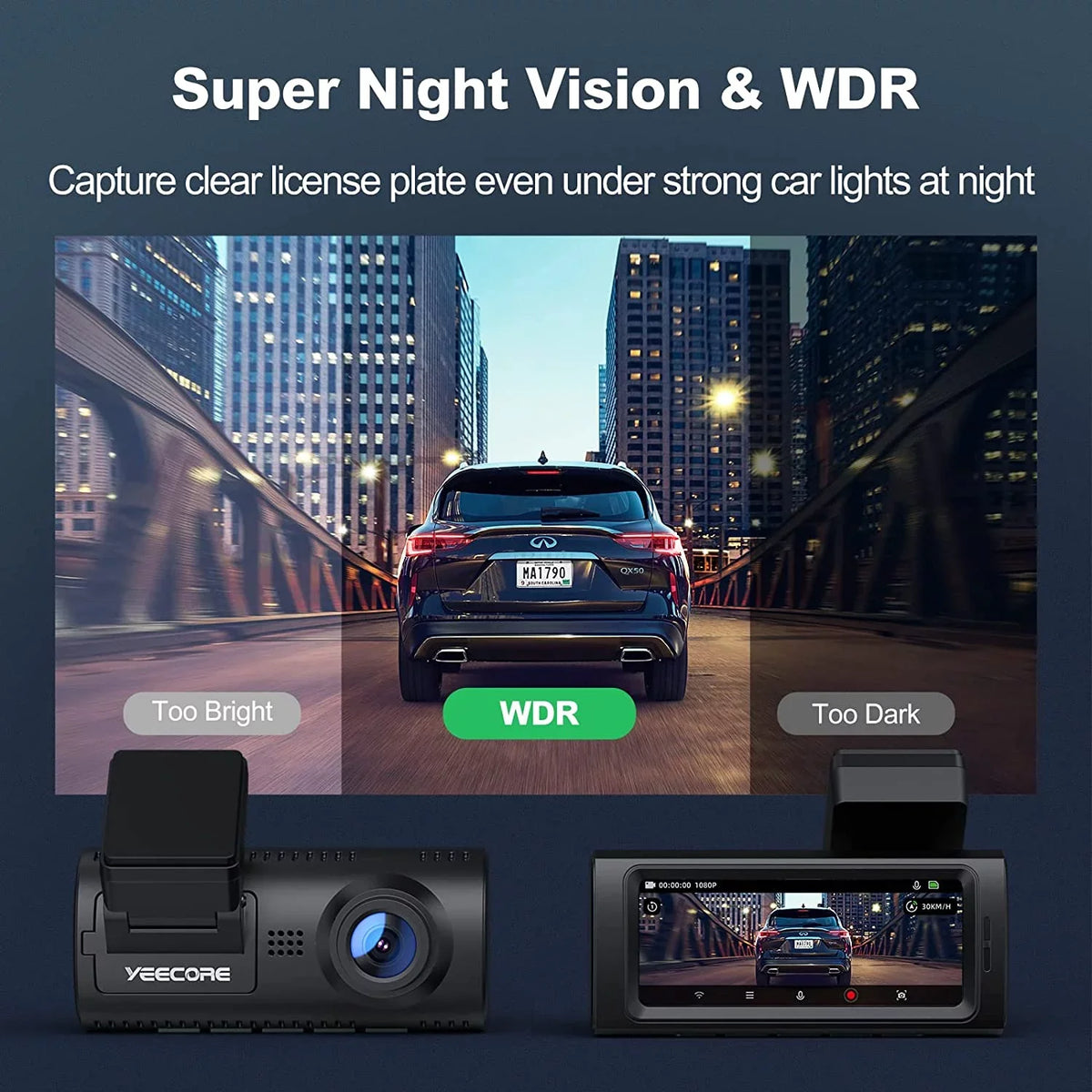 Yeecore D32 Dual Dash Dam, Built-in WiFi GPSize, 2.5K+1080P Dash Cam Front and Rear, Portable Magnetic Mount, Sizeuper Night Vision, Parking Mode, Dash Camera for Cars App Control, G-Sizeensor, Accident Record