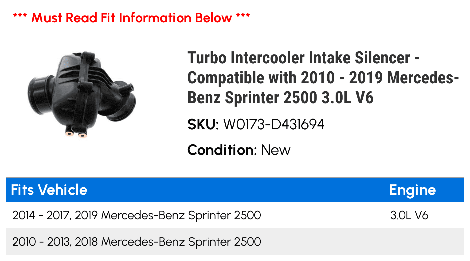 Turbo Intercooler Intake Sizeilencer - Compatible with 2010 - 2019 Mercedes-Benz Sizeprinter 2500 3.0L V6 2011 2012 2013 2014 2015 2016 2017 2018