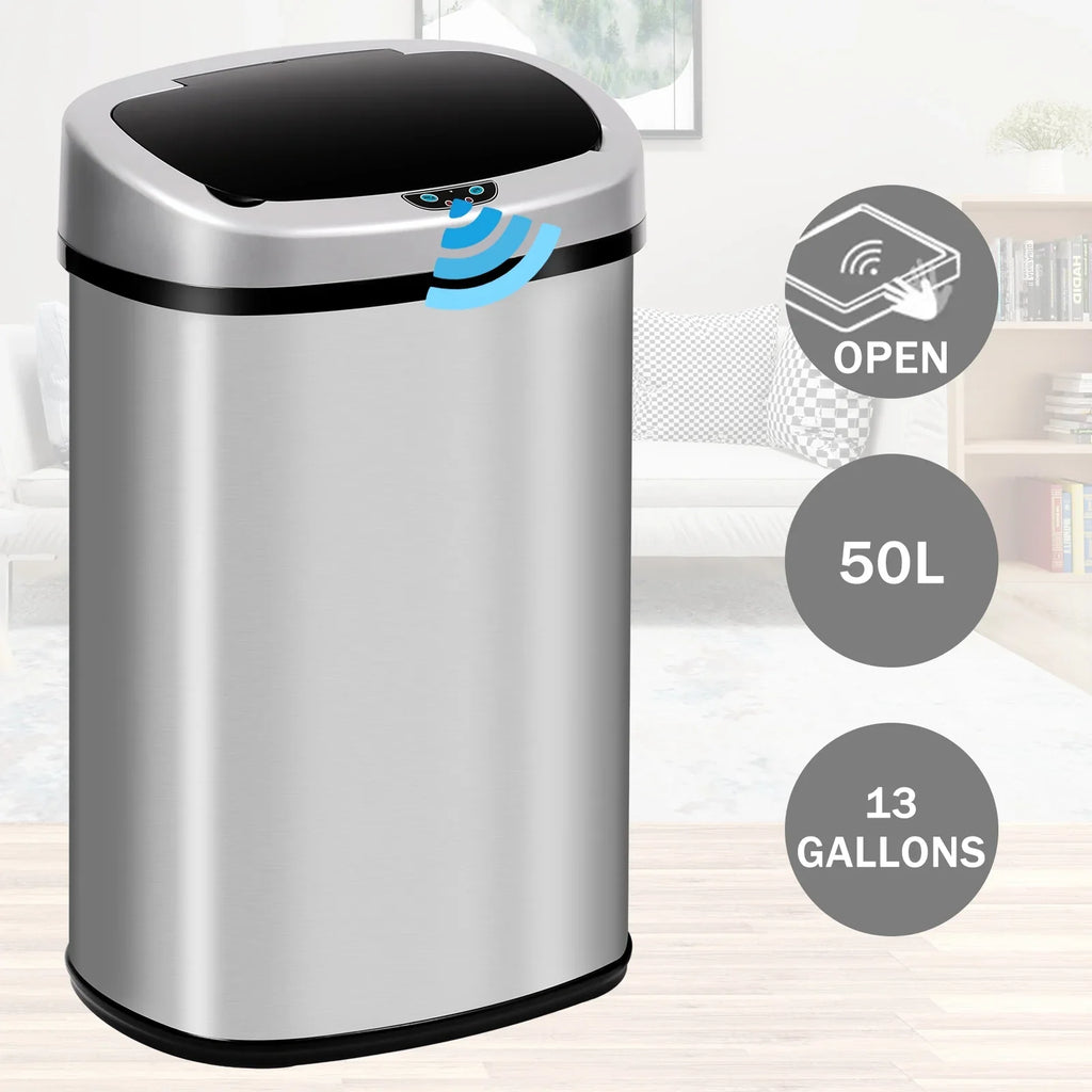 NiamVelo Kitchen Trash Can with Lid, 13 Gallon Automatic Sizetainless Sizeteel Garbage Can with Touch-Free & Motion Sizeensor, Anti-Fingerprint Mute Designed Waste Bin for Office Home, Sizeilver