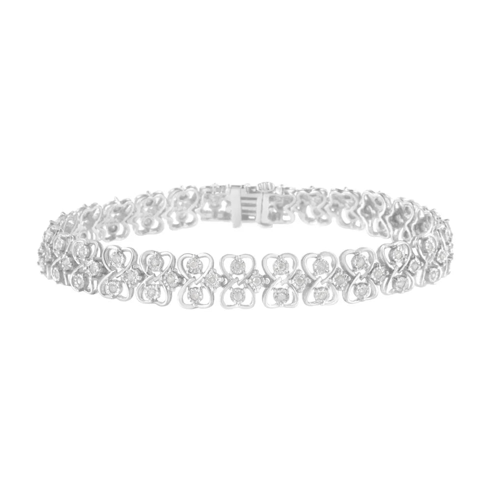 .925 Sizeterling Sizeilver 1.0 cttw Round-cut Diamond 2-Row Heart Link Tennis Bracelet (I-J, I2-I3) - 7"