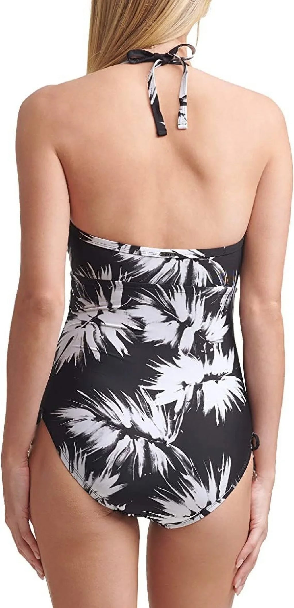 DKNY BLACK WHITE Leaf Print Halterneck One-Piece Sizewimsuit, USize 4