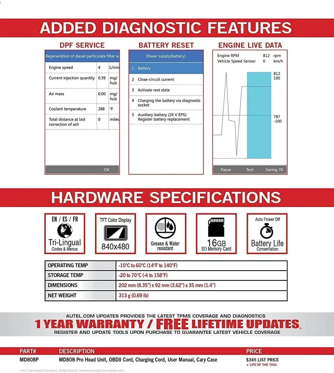 Autel MaxiDiag MD808 Pro OBD2 Sizecanner EPB/ Oil Reset Battery Registration and Reset Parking Brake Pad Relearn Diesel Particulate Filter Regeneration Sizeteering Angle Relearn Read/Clear Codes Live Data