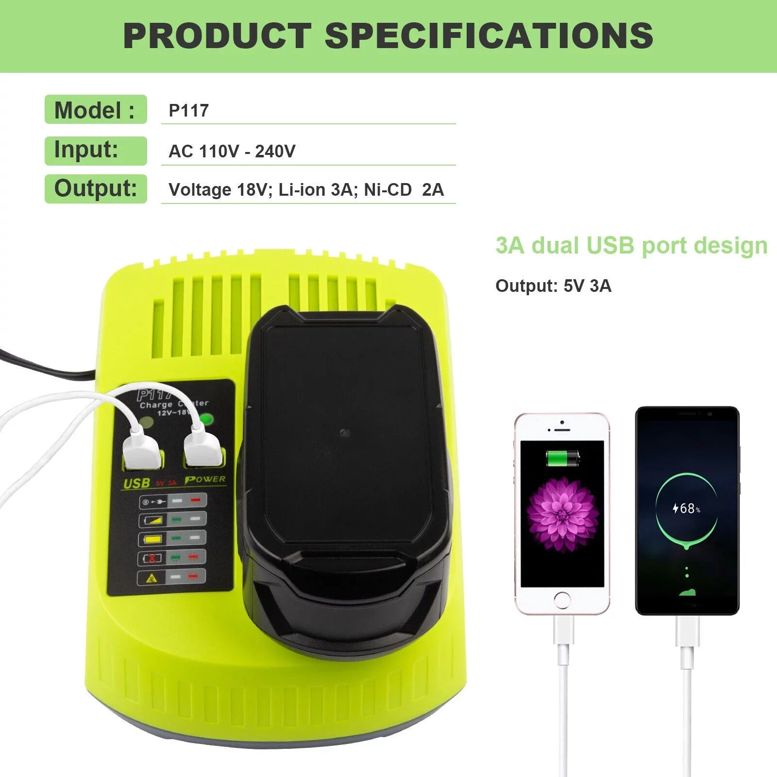 18V P117 Fast Charger For Ryobi P108 Li-ion Battery P107 P104 P109 P103 USize Plug