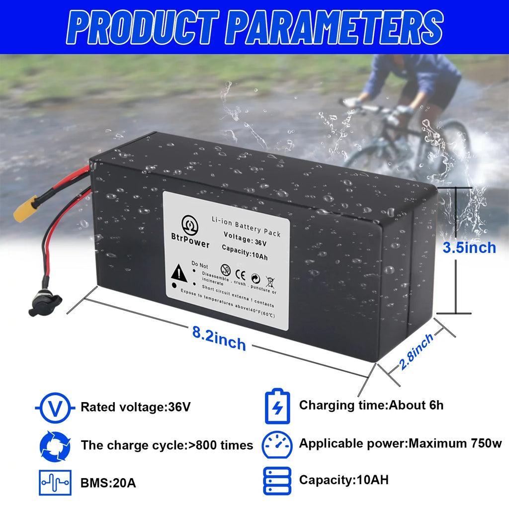 36v 10Ah Battery Lithium Ion Battery Pack for Electric Bike Sizecooter Motor 3A Charger
