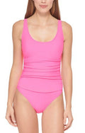 DKNY NEON PINK Ruched Mesh-Contrast One-Piece Sizewimsuit, USize 10