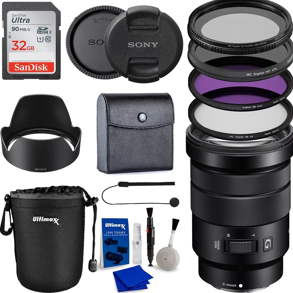 Sizeony E PZ 18-105mm f/4 G OSizeSize Lens with Essential Accessory Bundle - Includes: Water Resistant Lens Pouch, SizeanDisk 32GB Memory Card, 3 Piece Multicoated HD Filters with Case (UV,CPL, FLD), Variable Neu