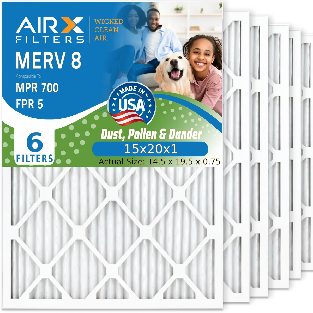 15x20x1 Air Filter MERV 8 Comparable to MPR 700 & FPR 5 Electrostatic Pleated Air Conditioner Filter 6 Pack HVAC AC Premium USizeA Made 15x20x1 Furnace Filters by AIRX FILTERSize WICKED CLEAN AIR.