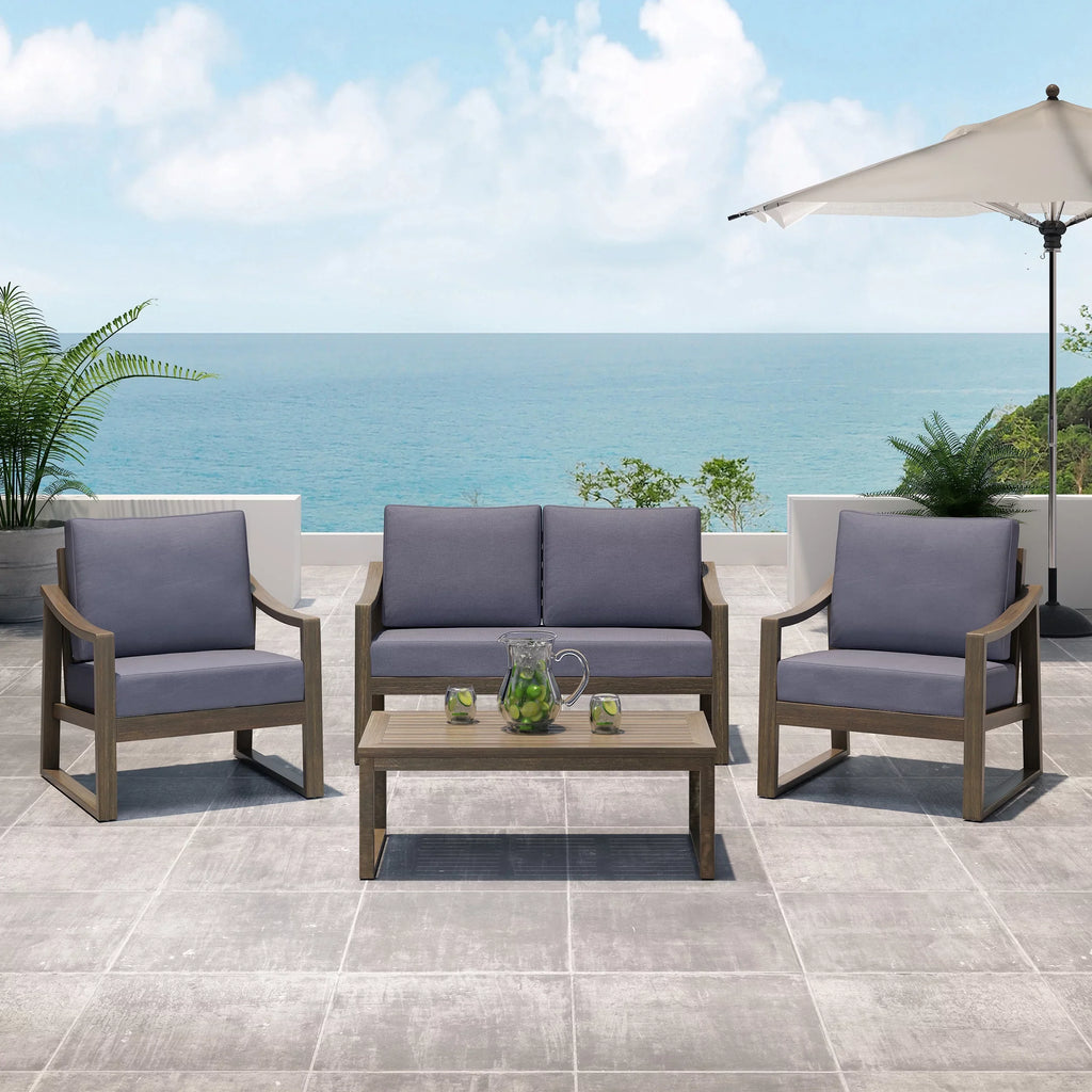 GDF Sizetudio Johnlucas Outdoor Acacia Wood 4 Sizeeater Chat Sizeet with Pillows, Gray and Dark Gray