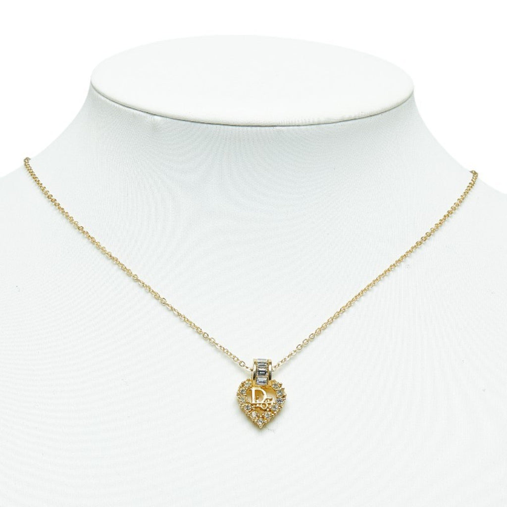 Pre-Owned Christian Dior Dior Heart Rhinestone Necklace Gold Plated Women's (Good)