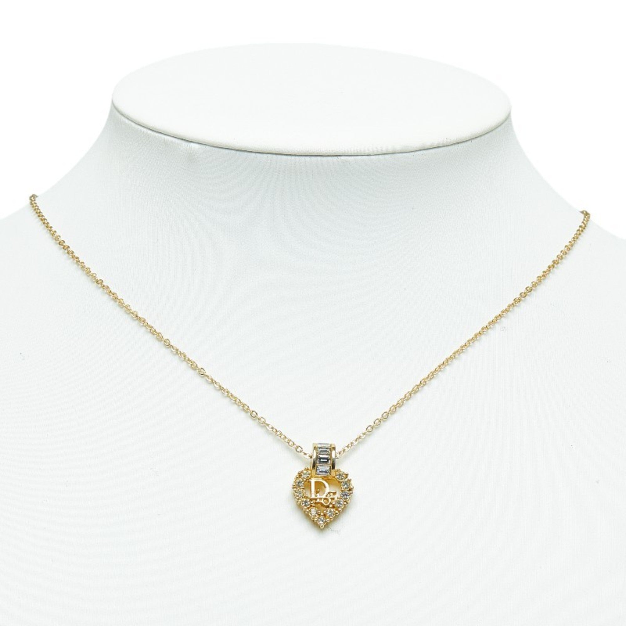 Pre-Owned Christian Dior Dior Heart Rhinestone Necklace Gold Plated Women's (Good)